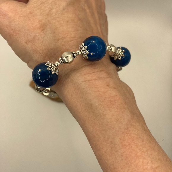 DARK Blue Agate Beaded Bracelet Large Agate Faceted Bead 14mm Grade A NEW - Picture 7 of 13